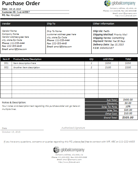 sample order form template