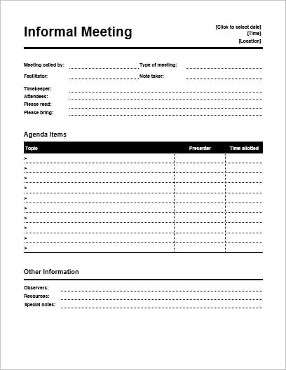 informal meeting agenda template