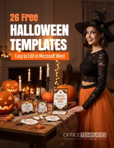 Beautiful woman at a desk editing Halloween templates on a laptop surrounded by printables.