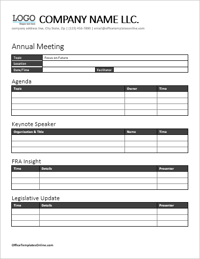 Meeting Agenda Template Excel from officetemplatesonline.com