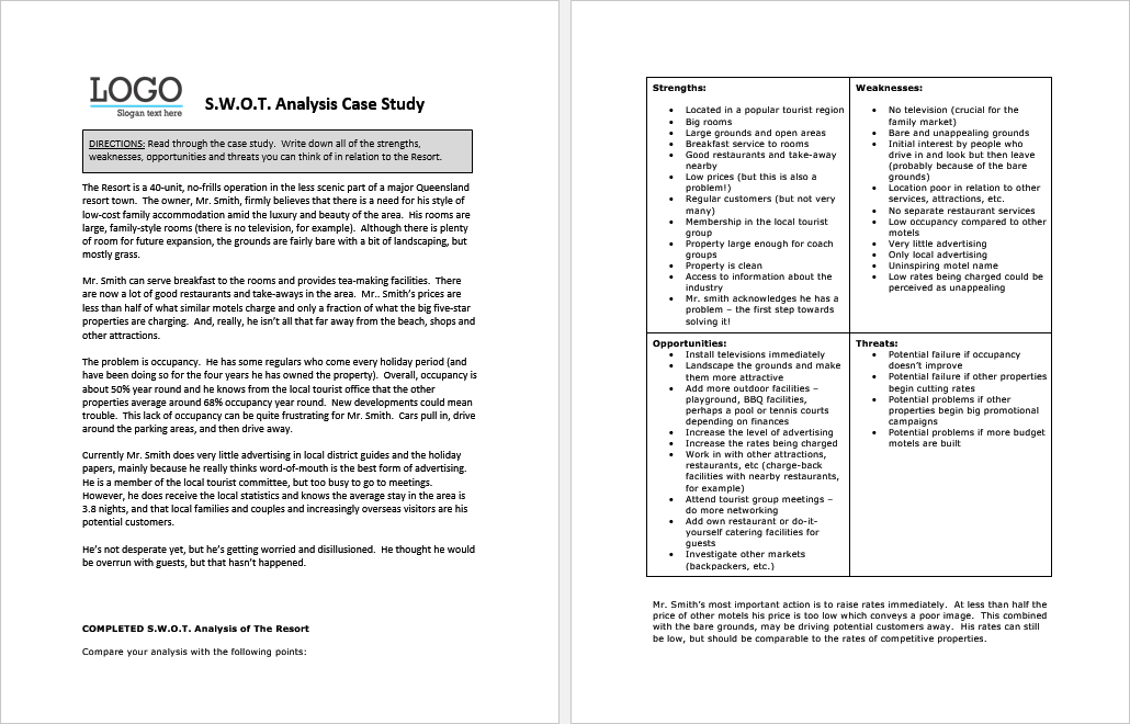 Sample Swot Analysis Case Study Of A Resort In Ms Word