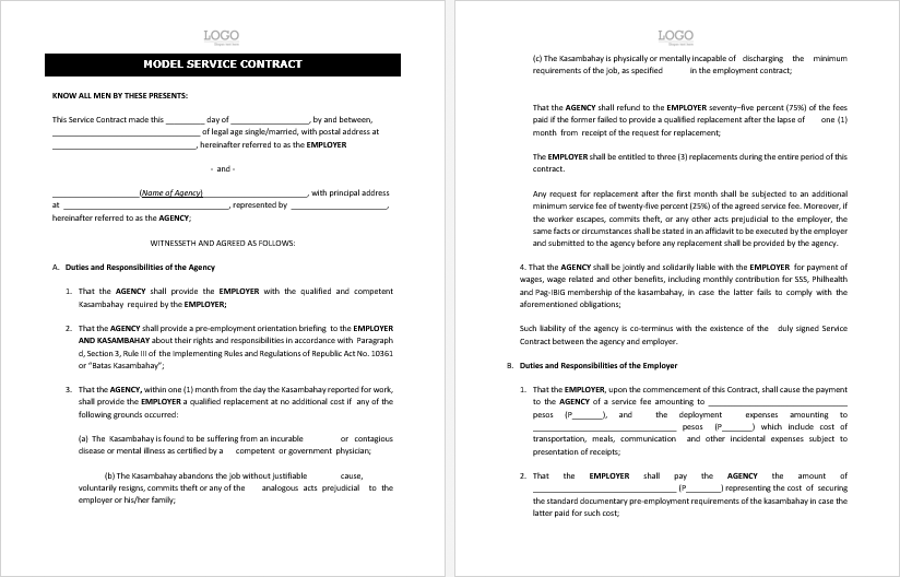 Model Service Contract Template For Ms Word