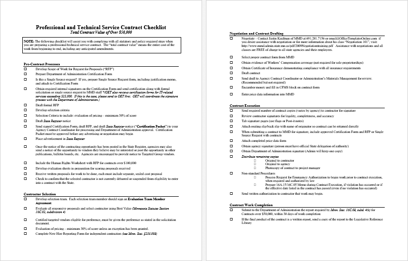 Professional And Technical Service Contract Checklist Template For Ms Word