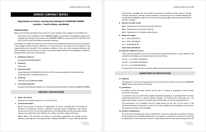 Service Contract Notice Template For Ms Word