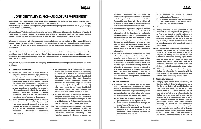 Confidentiality And Non Disclosure Agreement Template