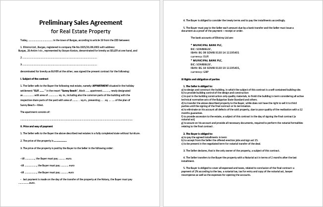 Preliminary Sales Agreement For Real Estate Property