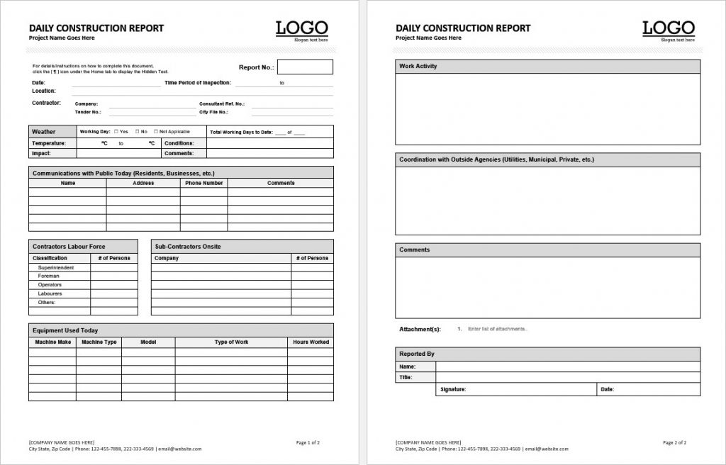 Construction Daily Report Template Word