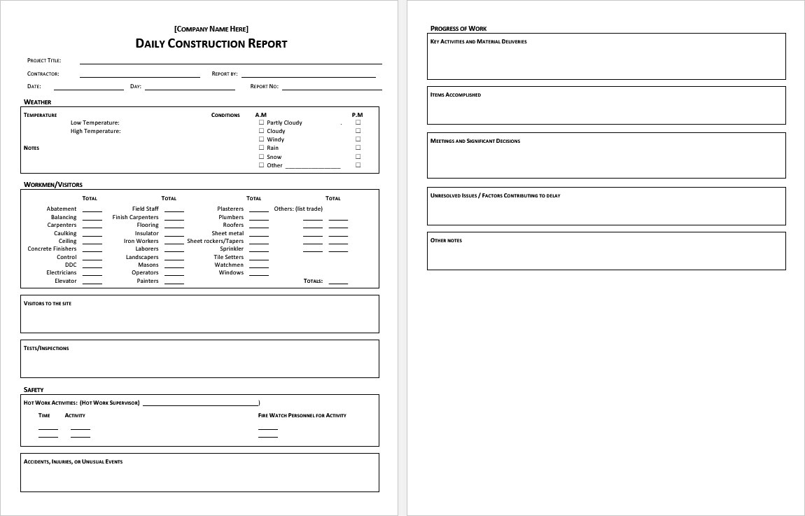 12 Printable Construction Report Templates In Ms Word
