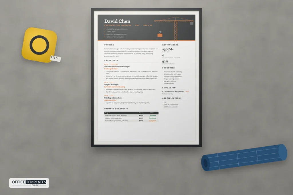 Construction Manager Resume Template Mockup 1024x683