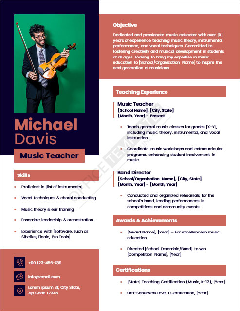 Music Teacher Resume Template