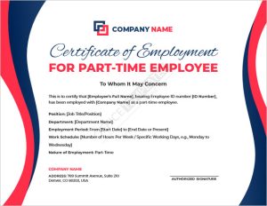 Certificate of Employment for Part-Time Employee