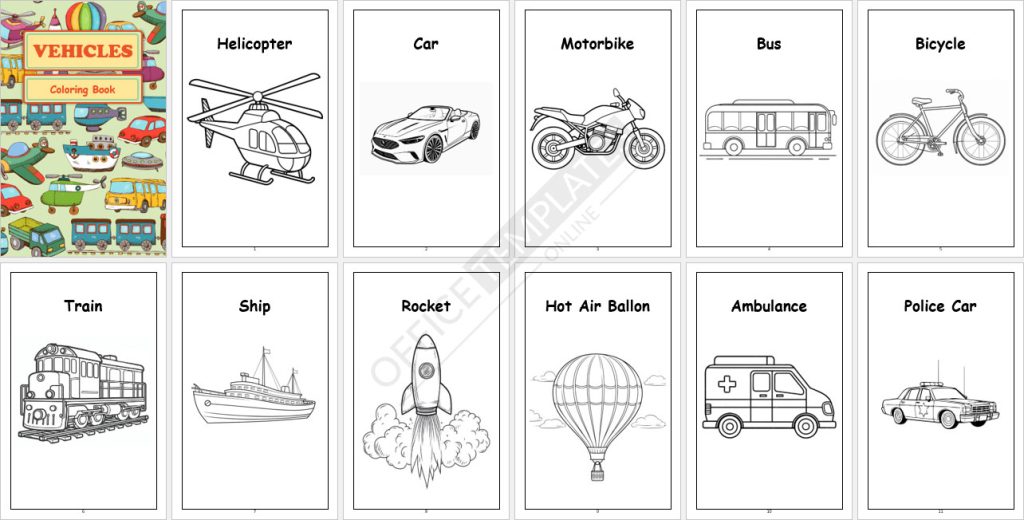 vehicles-coloring-book-template