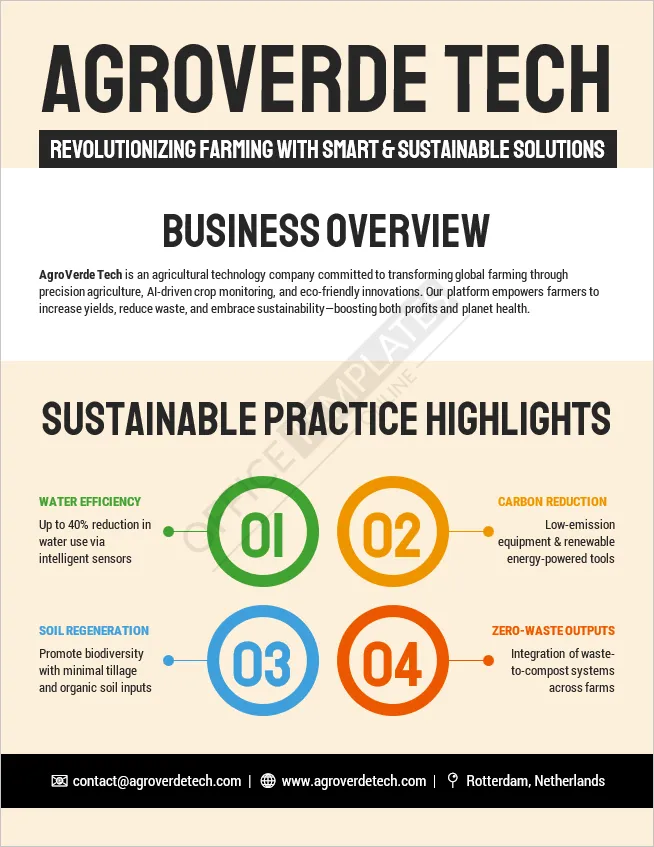 Sustainable agriculture one-pager for AgriTech and eco innovation startups