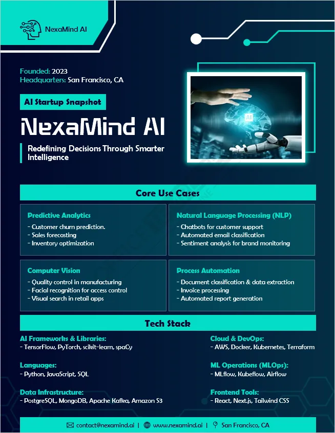 AI startup one-pager with use cases and machine learning tech stack