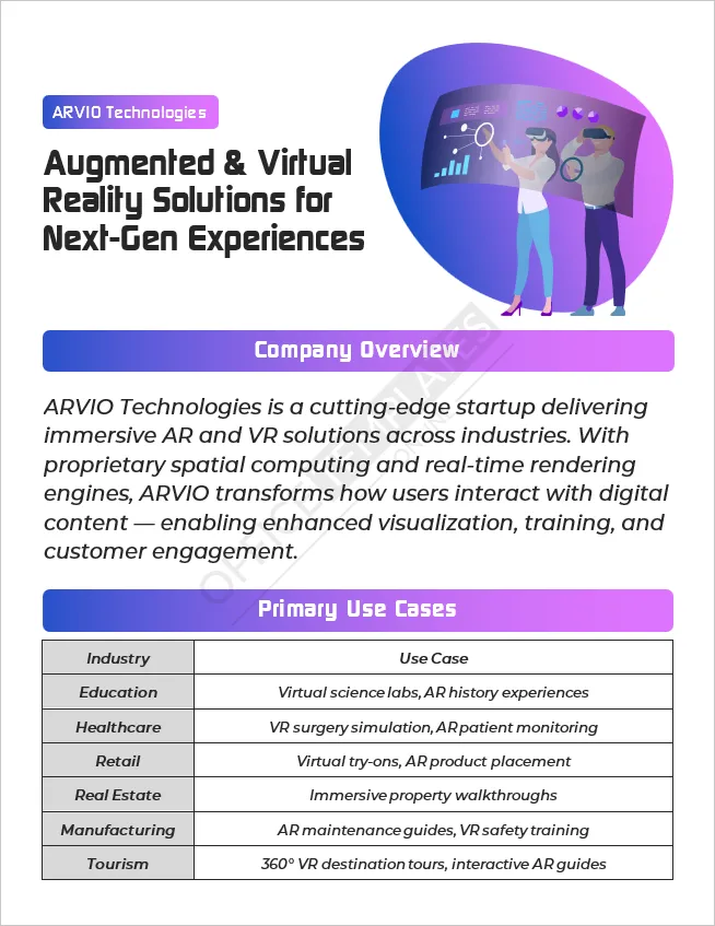 Editable one-pager for AR and VR startup use cases across industries