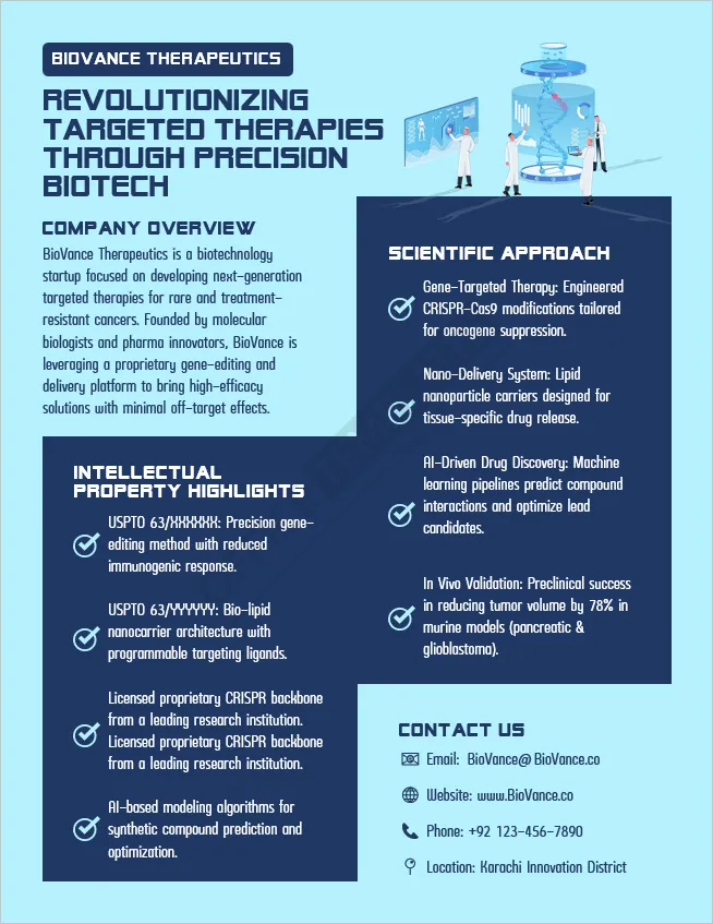 Biotech startup summary layout for scientific and IP-focused presentations
