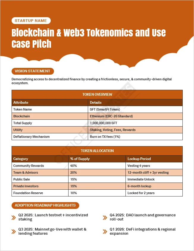 Web3 pitch template showing tokenomics, utility, and blockchain roadmap