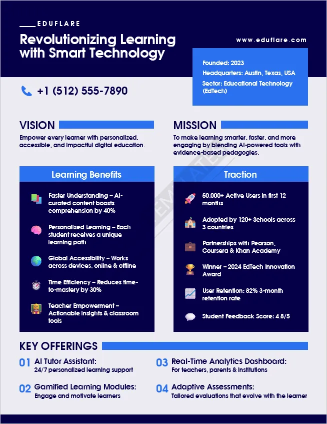 EdTech startup layout featuring learning tools and traction metrics
