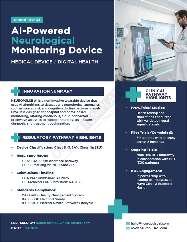 Medtech one-pager for wearable brain-monitoring device with clinical details