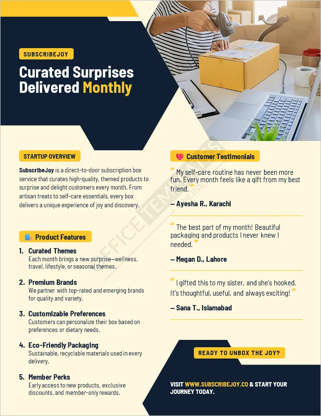 Subscription box pitch template with product features and testimonials