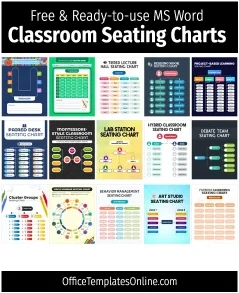 Thumbnail collage showing multiple classroom seating chart templates, including flexible seating, group layouts, traditional rows, and other designs.