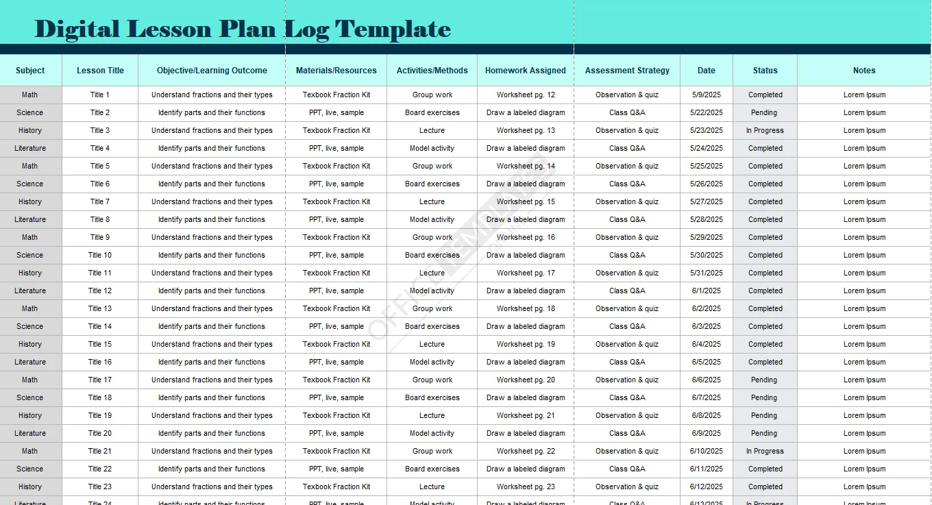 Digital Lesson Plan Log Template