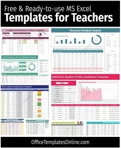 Image showing preview thumbnails of multiple Excel templates for teachers, including gradebooks, attendance trackers, and lesson planners.