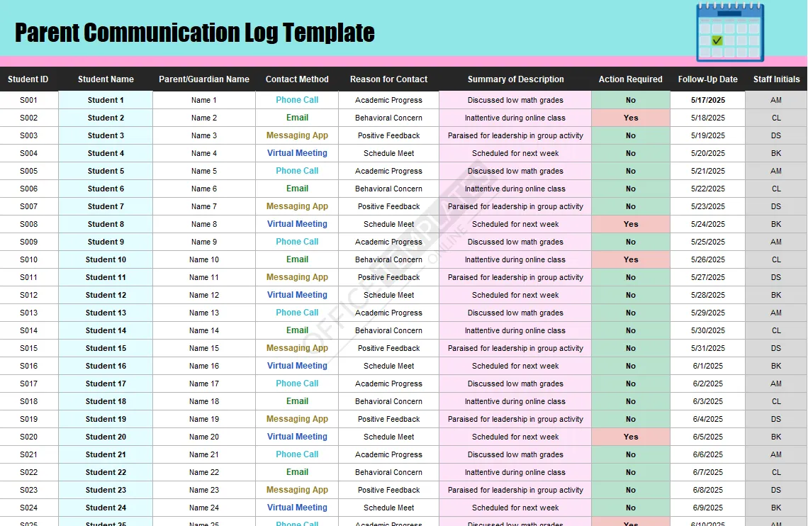Parent Communication Log Template