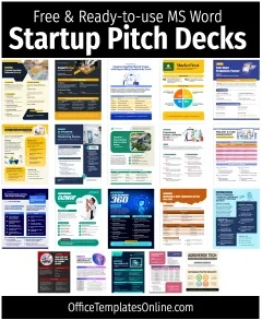 All 20 editable startup pitch deck templates in Microsoft Word format displayed as thumbnail previews.