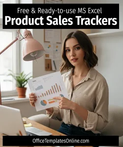 A confident and stylish woman in a creative home office reviewing sales tracking templates on a laptop.