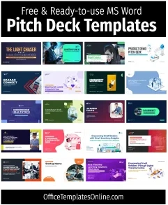 Visual overview showing all 20 free pitch deck template thumbnails in a grid layout, representing the full collection of downloadable PowerPoint presentation designs.