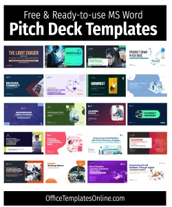 Visual overview showing all 20 free pitch deck template thumbnails in a grid layout, representing the full collection of downloadable PowerPoint presentation designs.
