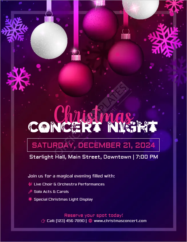 Christmas Concert Night flyer template for choirs, orchestras, and holiday music events.