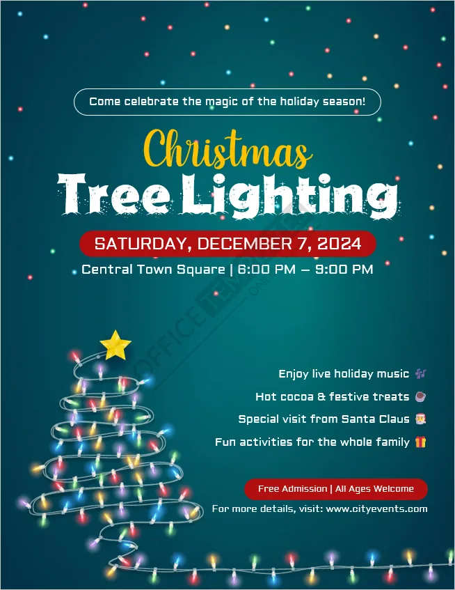 Christmas Tree Lighting flyer template for community holiday events and family gatherings.