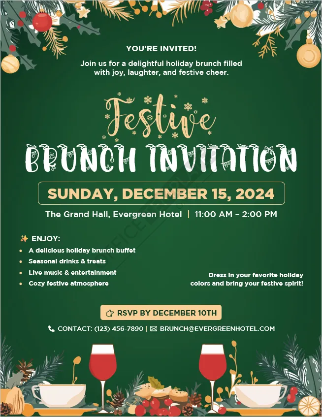 Festive Brunch Invitation flyer template for Christmas brunch gatherings and holiday meals.