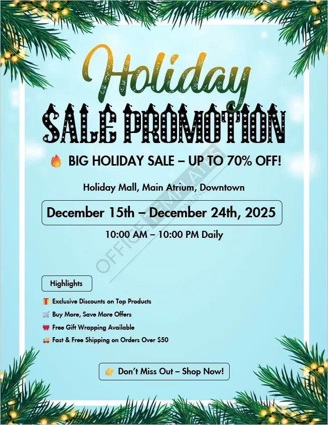 Holiday Sale Promotion flyer design for Christmas discounts and seasonal shopping events.