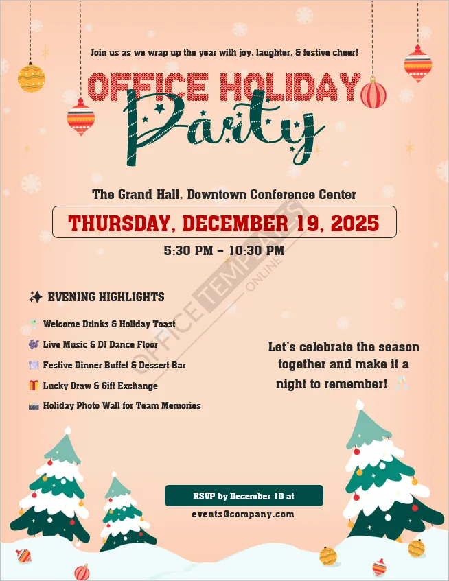 Office Holiday Party flyer template for company Christmas events and team celebrations.