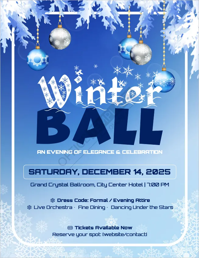 Elegant Winter Ball invitation flyer template for formal holiday dances and galas.