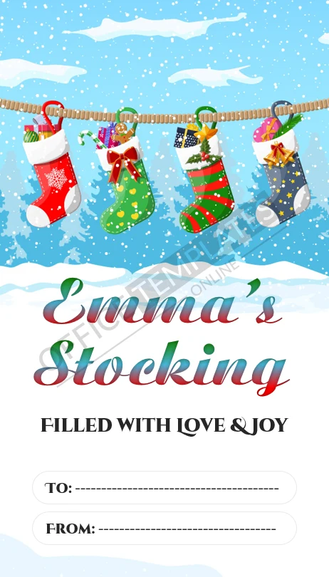 Preview of Christmas stocking-shaped gift tag template editable in Microsoft Word.