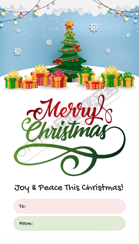 Printable Christmas tree gift tag template with &ldquo;Joy & Peace This Christmas&rdquo; greeting in Word format.