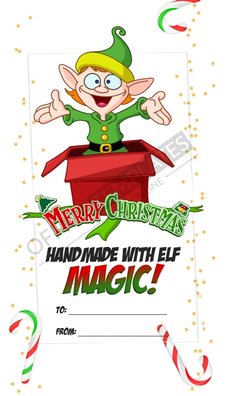 Elf Christmas gift tag template with &ldquo;Handmade with Elf Magic!&rdquo; message editable in Word.