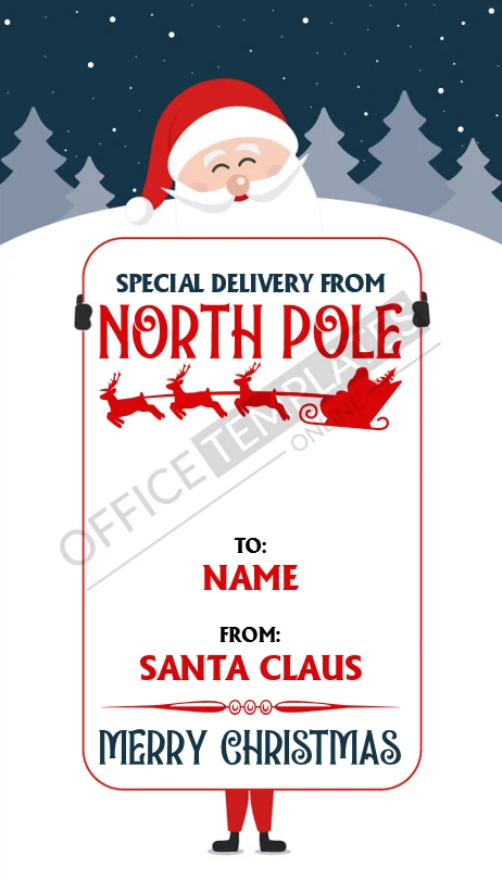 From Santa North Pole Christmas gift tag template with &ldquo;Special Delivery&rdquo; message in Microsoft Word.