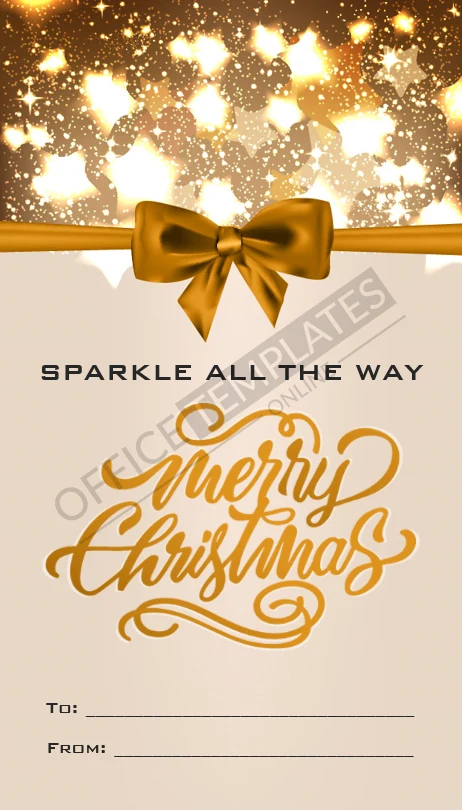 Golden sparkle Christmas gift tag template with festive &ldquo;Sparkle All the Way&rdquo; message in Microsoft Word.