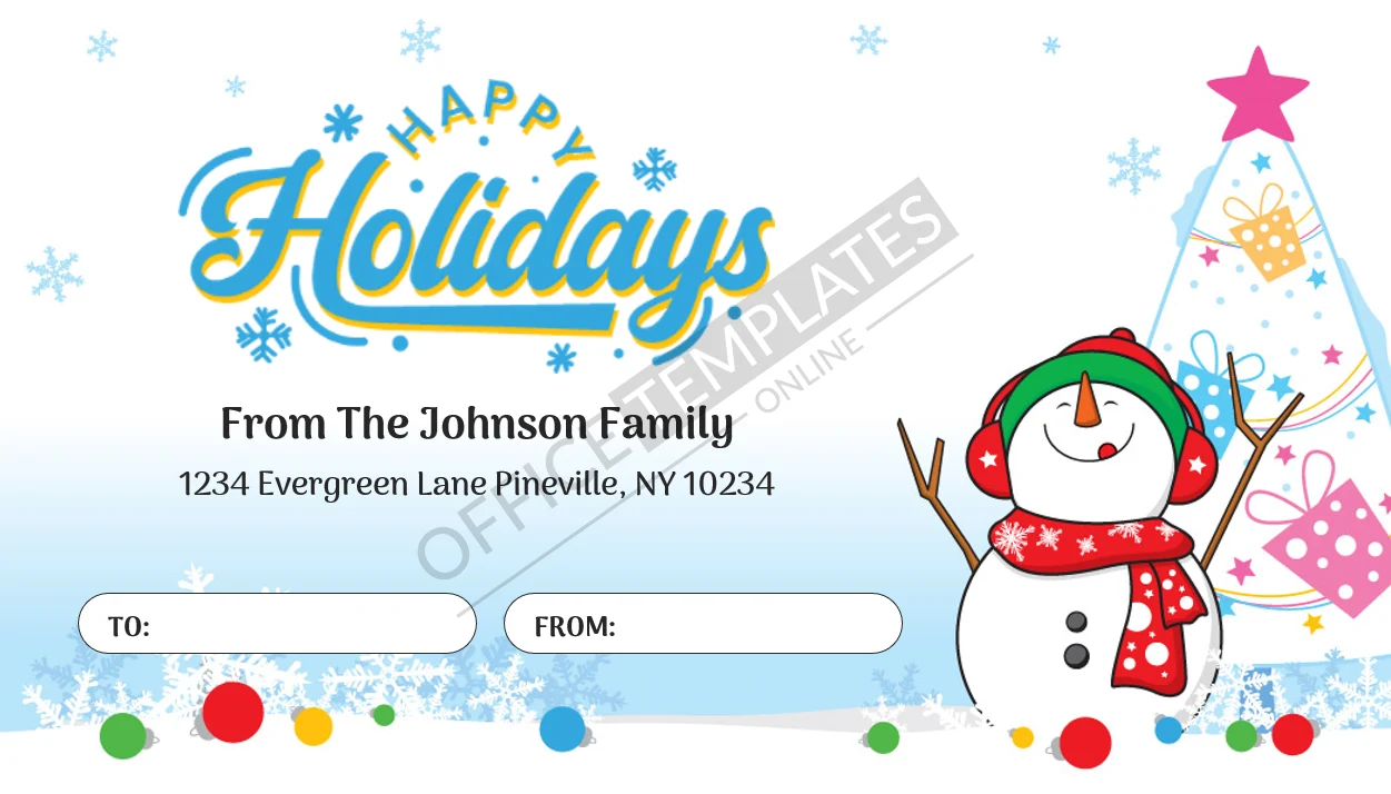 Printable holiday address label template with festive greeting in Microsoft Word.