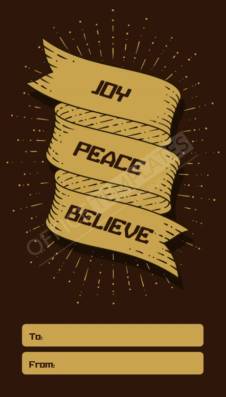 Printable Joy, Peace, Believe Christmas gift tag template with bold holiday words in Microsoft Word.