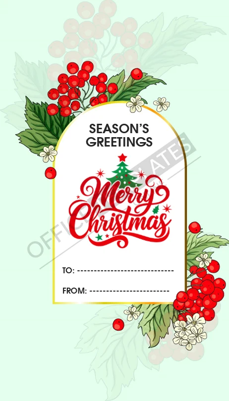 Preview of printable poinsettia and holly border Christmas gift tag template in Word format.