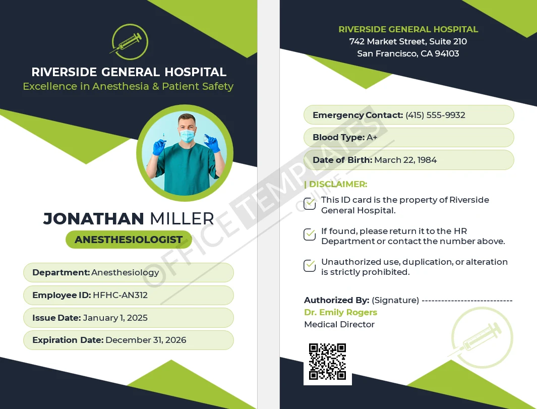 Anesthesiologist ID Card Template for Hospitals