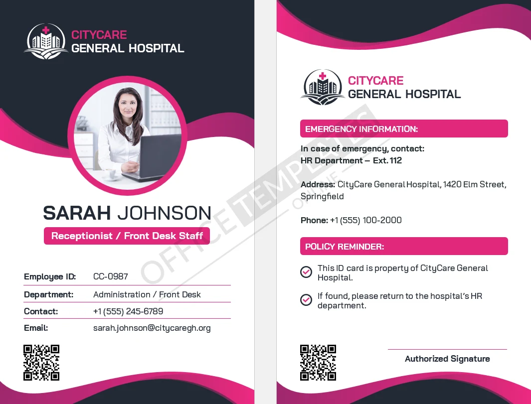 Hospital Receptionist & Front Desk Staff ID Card Template