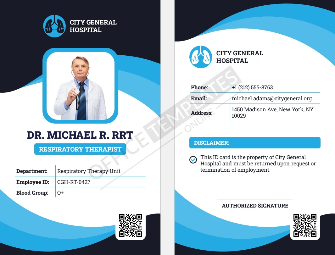 Respiratory Therapist ID Card Template for Hospitals