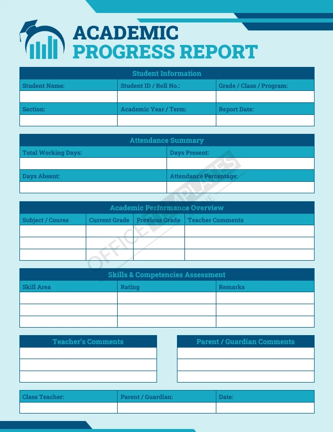 Academic progress report template showing grades, attendance summary, and teacher comments